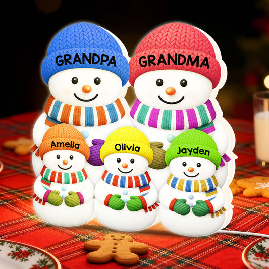 3D Effect Heartwarming Christmas Grandma Grandpa Grandkids Snowman Together - Personalized Light Box - Gift For Grandmas